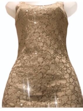 Y2K Express Gold Sequin Front Ribbed Tank Top Sparkly Cream Beige XS Casual Bold